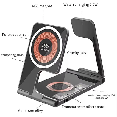 Hot Smart Transparent Charging Stand New Product Foldable 3 In 1 Wireless Charger 15W For Dual Phone Charge