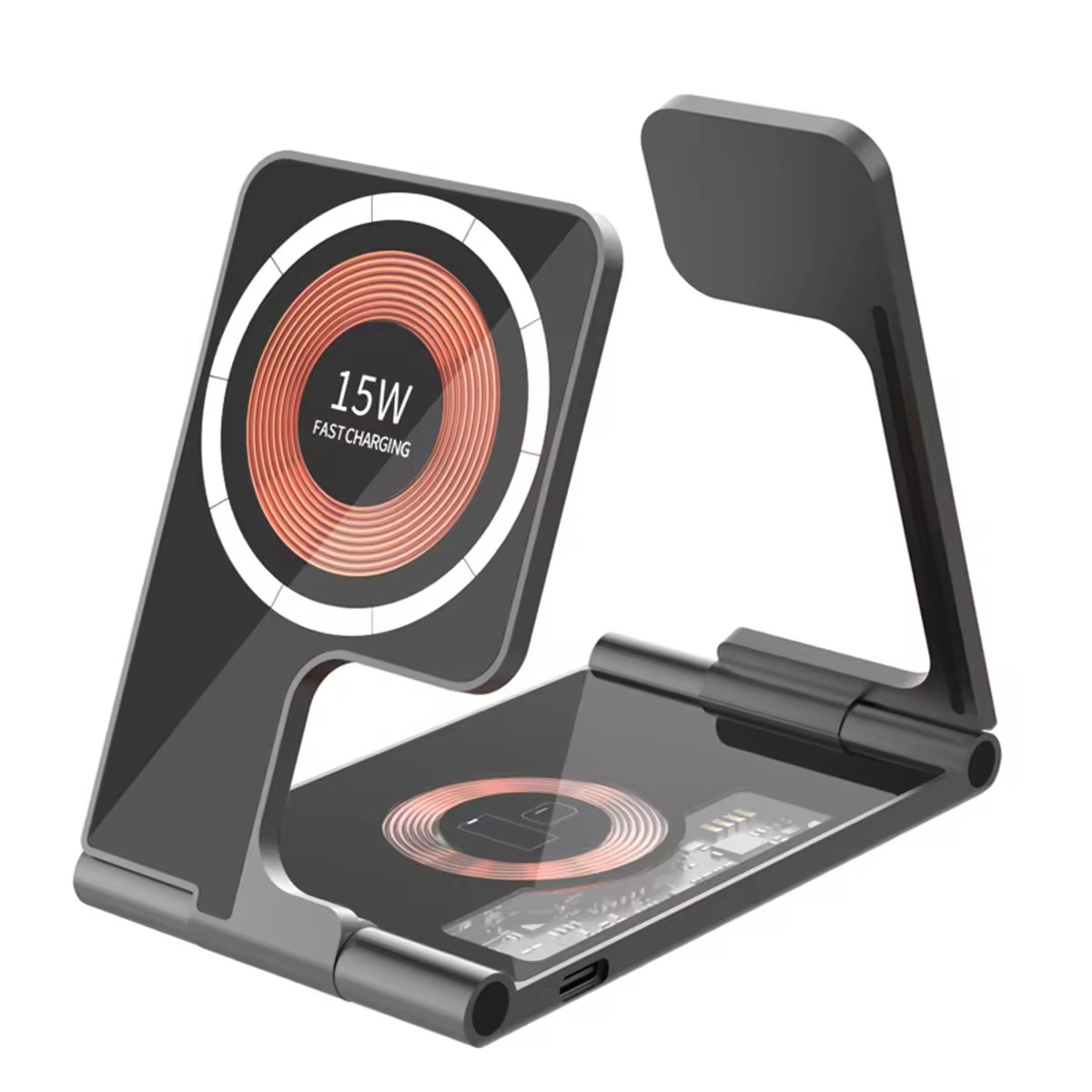 Hot Smart Transparent Charging Stand New Product Foldable 3 In 1 Wireless Charger 15W For Dual Phone Charge